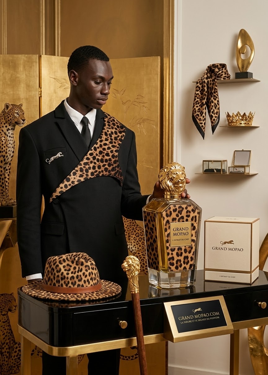 L'univers Grand Mopao : costume noir, écharpe léopard, canne à pommeau lion et flacon L'Extrait du Chef